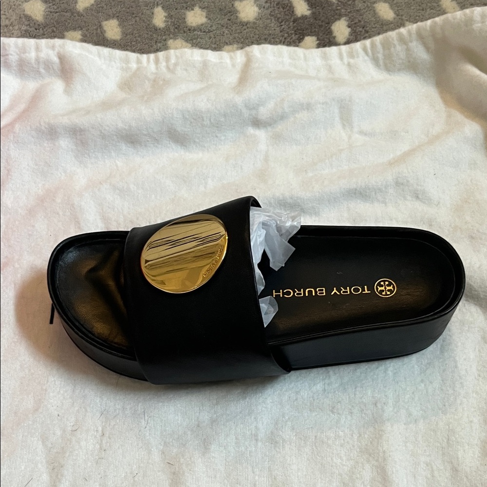Tory Burch Black Slides with Gold Detail